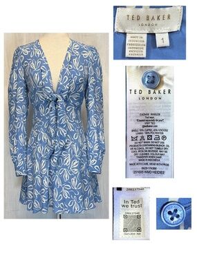 Ted Baker Size 1  US 4 Heidiee Modernity Floral Mini Dress Blue White EUC